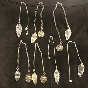 NWT Lot of 7 Glass Crystal Point Shape Pendulums Dowsing Healing Silver Chain